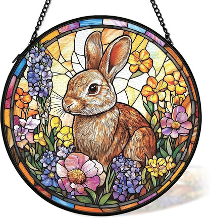 Spring Easter Bunny Rabbit Suncatcher Stained Glass Window Hanging Wall Decorations Decor, Easter Bunny Gifts for Women, Spring Floral Sun Catchers Garden Window Hanging Wall Art, 7.9x7.9Inch