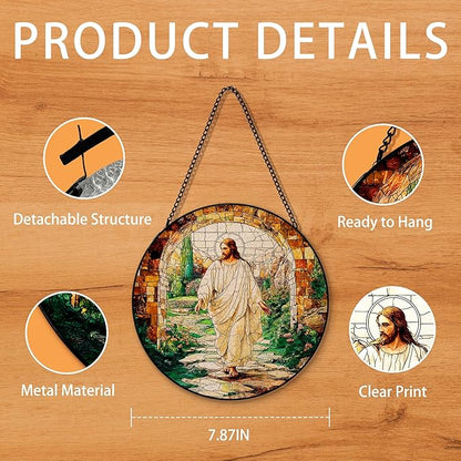 He is Risen Resurrection of Jesus Suncatcher Stained Glass Window Hanging, Christian Jesus Sun Catchers Indoor Window Glass Round Wall Decor, Religious Wall Art Hanging Decorations, ＂7.8x7.8＂