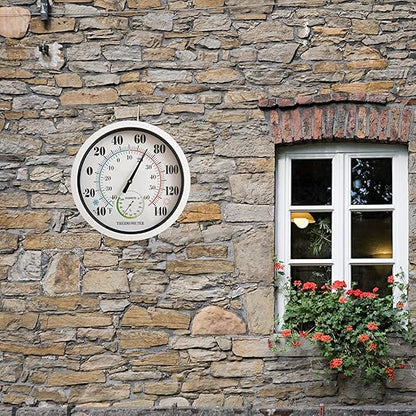 Indoor Outdoor Thermometer Large Numbers 12 Inch Wall Weather Thermometer Hanging Garden Decor Hygrometer No Battery Needed (White)