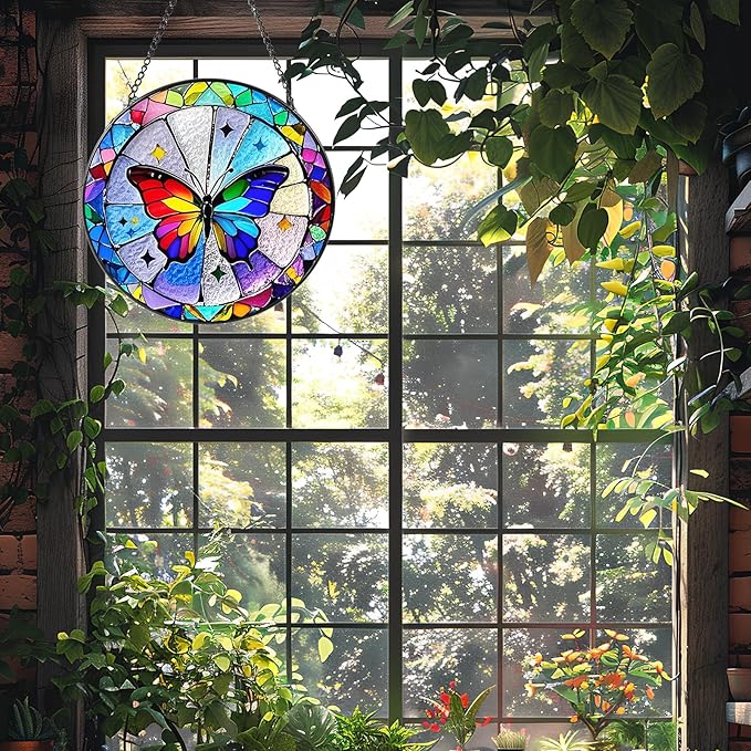 Butterfly Sun Catcher Stained Glass Window Hanging, 7.8" Suncatcher Glass Panel Window Decoration, Nature Lover Gift for Women, Wall Garden Art Decor, Gift for Birthday Christmas & Holidays
