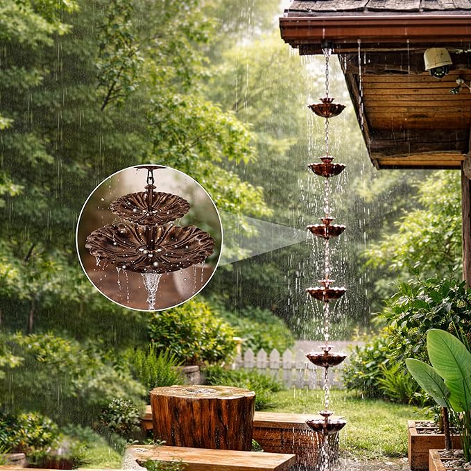 Fountain Rain Chain for Gutters – Large & Small Cup Designed Rain Chains, Customizable DIY Layout, Rust-Resistant Coated Metal Downspout Alternative for Garden, Patio & Outdoor Décor (8.5 FT)