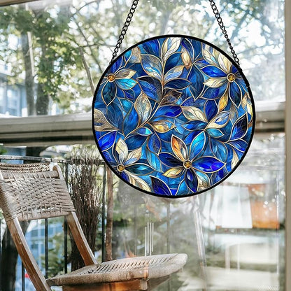 Stained Glass Window Hanging - Blue Gold Abstract Flowers Suncatcher for Door Terrace Garden Home Decor, Plant Sun Catcher Birthday Gifts for Lovers Women Men Dad Mom Nana 9.8 in