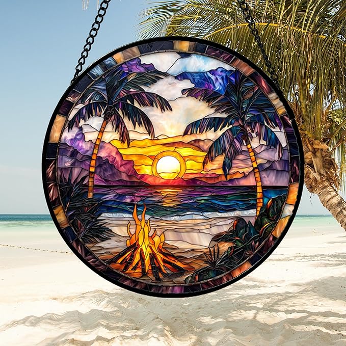 DASTOLL Stained Glass Window Hanging,Bonfire Beach Landscape Suncatcher Diamond Glass Panel Sun Catchers Decor for Birthday for Women, Men, Wife, Aunt, and Mom 14.9x14.9 in