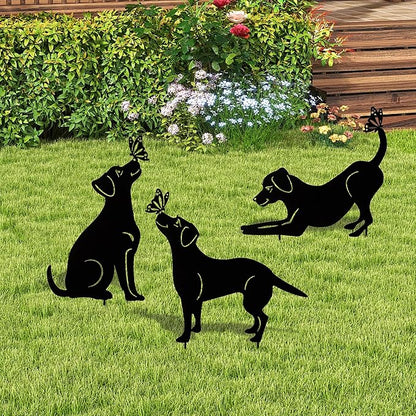 Glitzhome Set of 3 Dog Silhouette Stakes, Black Metal Decorative Garden Stakes or Wall Decor with Butterfly Cutout Design, Iron Yard Art Lawn Spring Decoration, 20 "H