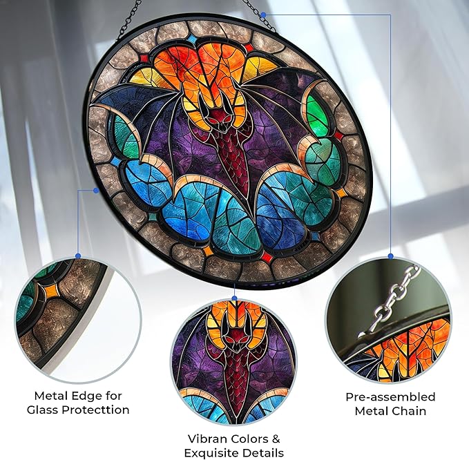Bat Stained Glass Window Hangings, Cat Butterfly Sunflower Handcrafted Stained Glass Suncatchers, Gift for Cat Lovers Nature Lovers (12”x12”)