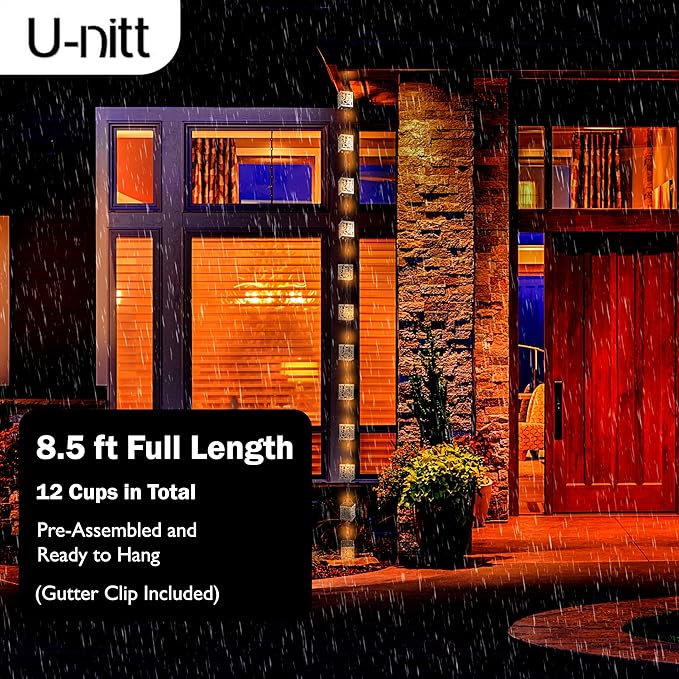 Rain Chain Water Collection for Gutters, Rainwater Catcher & Diverter, 8.5 FT Chains for Outside Garden, Antique Light Up Cups, Roof Downspout, Works with Heavy Rain, w/ Gutter Clip for Rainchains