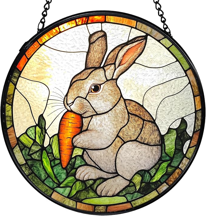 Easter Bunny Carrot Suncatchers Stained Glass Window Hanging, Easter Bunny Decor Sun Catchers Indoor Window Glass Round Wall Decor, Rabbit Wall Hanging Decorations, 7.9x7.9in