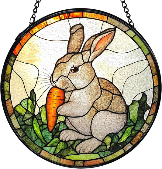 Easter Bunny Carrot Suncatchers Stained Glass Window Hanging, Easter Bunny Decor Sun Catchers Indoor Window Glass Round Wall Decor, Rabbit Wall Hanging Decorations, 7.9x7.9in