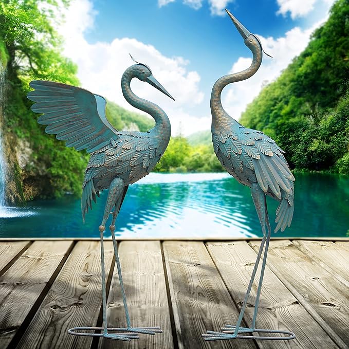 33-37 Inch Metal Crane Garden Statue Décor, Bird Garden Sculpture & Statues, Outdoor Decoration for Yard Patio Lawn Backyard Pool, Spring Decorations for Home, Set of 2