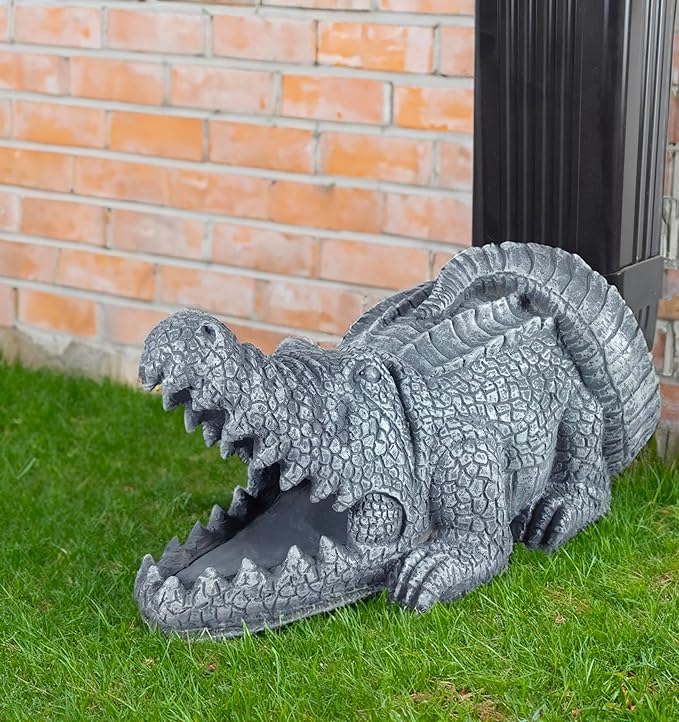 Crocodile Sculpture Gutter Diverter Rain,Deco Gutter Extension Downspout,Eco-Friendly Resin Statues Gutter Extender Diverter,Splash Block, Perfect Rain Gutter Downspout Extension for 3"x4" Downspouts