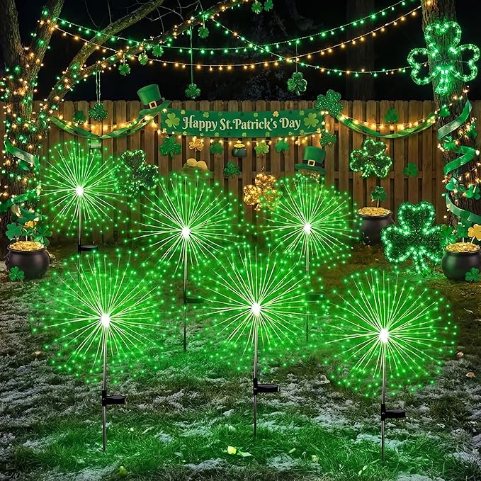 Tujoe 6 Pcs St. Patrick's Day Solar Firework Stake Lights 180 LED 8 Modes Waterproof LED Sparkler Lights Outdoor Decoration for Irish Garden Patio Yard Pathway Walkway Lawn, Green