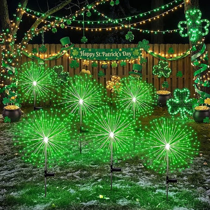 Tujoe 6 Pcs St. Patrick's Day Solar Firework Stake Lights 180 LED 8 Modes Waterproof LED Sparkler Lights Outdoor Decoration for Irish Garden Patio Yard Pathway Walkway Lawn, Green