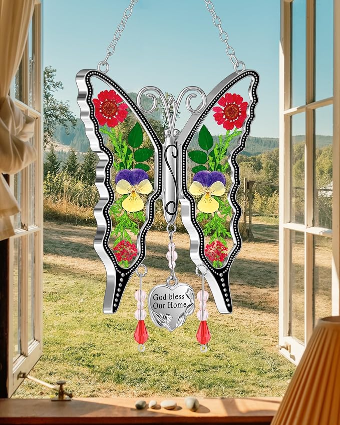 KY&BOSAM Butterfly Suncatcher God Bless Our Home Ornaments Stain Glass Sun Catchers for Windows Hanging Wind Chime Silver Charm Gifts for Home Mother`s Day Valentine's Birthday Thanksgiving Christmas