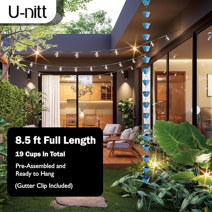 U-nitt Rain Chain Water Collection for Gutters Rainwater Catcher & Diverter, 8.5 FT Chains for Outside Garden Patina Square Cups, Roof Downspout, Works with Heavy Rain, w/ Gutter Clip for Rainchains