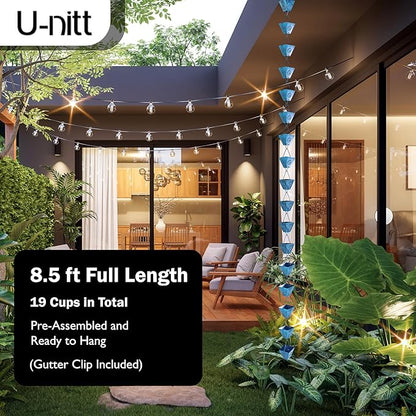 U-nitt Rain Chain Water Collection for Gutters Rainwater Catcher & Diverter, 8.5 FT Chains for Outside Garden Patina Square Cups, Roof Downspout, Works with Heavy Rain, w/ Gutter Clip for Rainchains