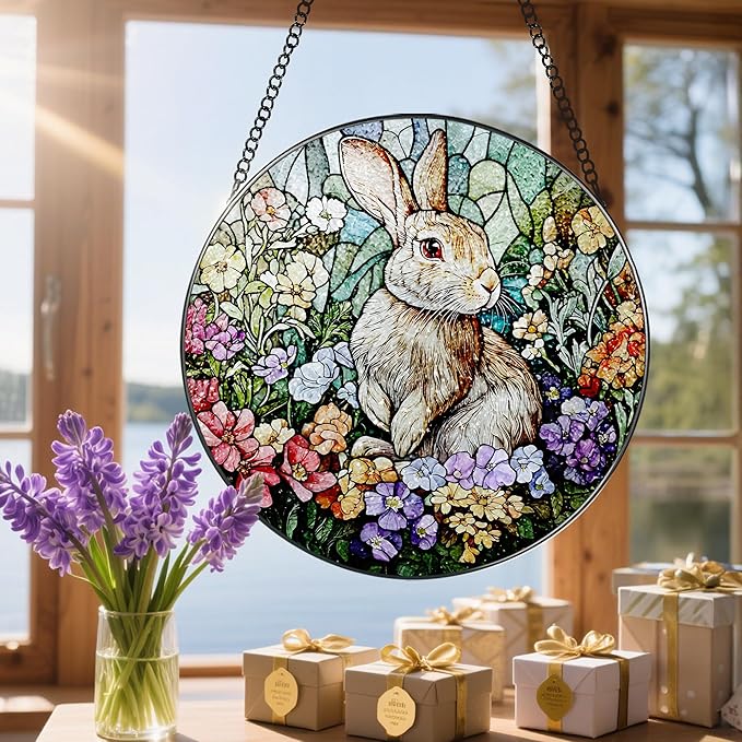 Stained Glass Window Hanging, 8 Inch Rabbit Sun Catcher, Bunny Stained Glass Suncatcher, Window Decor, Gifts for Mothers Day, Birthday, Christmas, Rabbit Lovers Gifts, Gift for Women Mom and Friend