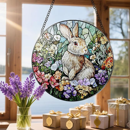 Stained Glass Window Hanging, 8 Inch Rabbit Sun Catcher, Bunny Stained Glass Suncatcher, Window Decor, Gifts for Mothers Day, Birthday, Christmas, Rabbit Lovers Gifts, Gift for Women Mom and Friend