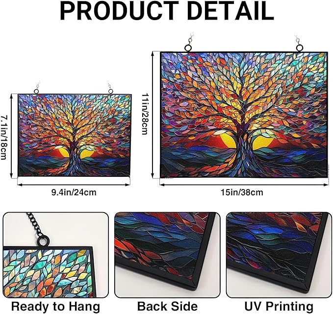 Rectangle Tree of Life Stained Glass Window Hanging Window Suncatcher Glass Panel with Metal Chain Sun Catchers Wall Art Home Decor Gift for Women Mother's Day