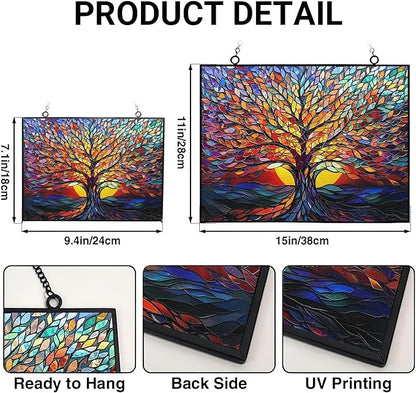 Rectangle Tree of Life Stained Glass Window Hanging Window Suncatcher Glass Panel with Metal Chain Sun Catchers Wall Art Home Decor Gift for Women Mother's Day
