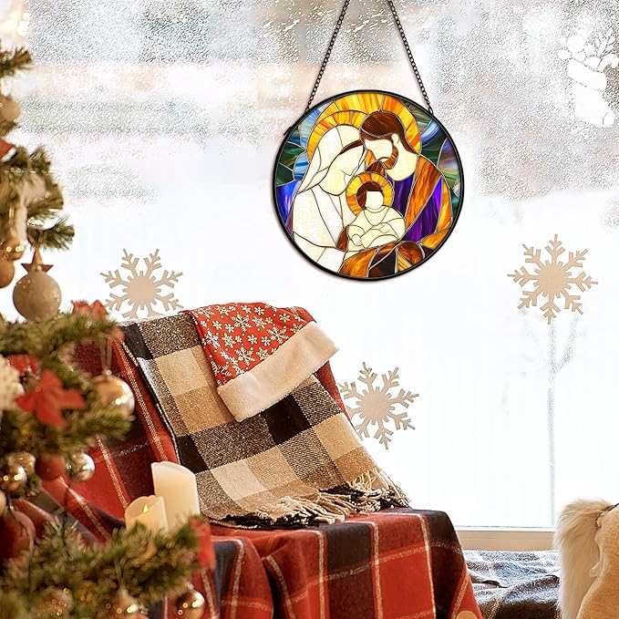 Christian Baby Jesus Nativity Suncatcher Stained Glass Window Hanging Decor, Christian Christmas Stained Glass Wall Decor Gifts, Nativity Scene Garden Lawn Sun Catchers Window Art, 7.9x7.9In