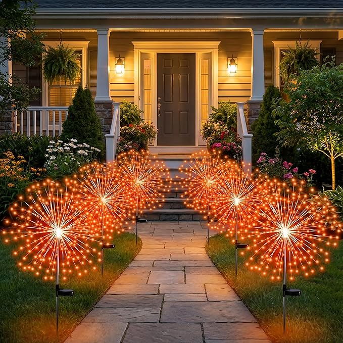 Tujoe 6 Pcs Halloween Solar Firework Stake Lights 180 LED 8 Modes Solar Waterproof LED Sparkler Lights Outdoor Decoration for Summer Fall Xmas Holiday Garden Patio Yard Pathway Walkway, Orange