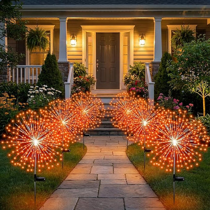 Tujoe 6 Pcs Halloween Solar Firework Stake Lights 180 LED 8 Modes Solar Waterproof LED Sparkler Lights Outdoor Decoration for Summer Fall Xmas Holiday Garden Patio Yard Pathway Walkway, Orange