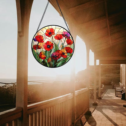 Stained Glass Window Hanging - Poppy Birth Flowers Suncatcher for Door Garden Yard Wildflowers Sun Catchers Decor Christmas Mother's Day Birthday Gifts for Women Mom Nana Friend 11.8 in
