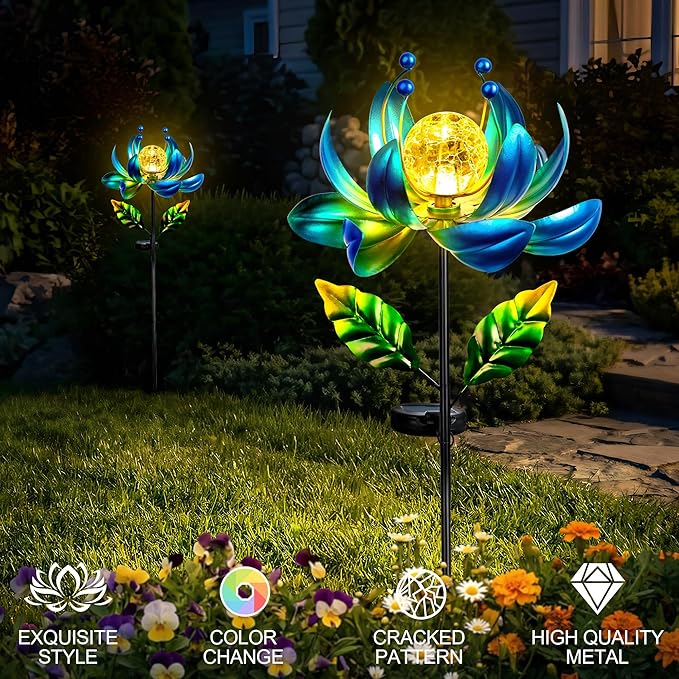 Solar Wind Spinner Outdoor Metal - Kinetic Lotus Flower Garden Sculptures & Spinners with Crackle Glass Lighting, 360° Spinning Yard Art Decor for Patio, Lawn, Pathway, Gifts for Women