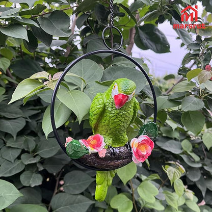 1PC Hanging Parrots for Patio Decor Outdoor, Perching On Branch Bird Figurine Statue, Metal Tropical Animal Model Sculpture with Round Ring for Nature Lovers DIY Lawn Natural Garden Tree Patio Home