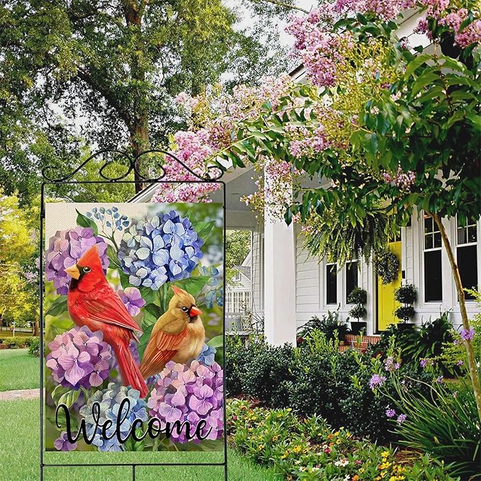 Artofy Welcome Summer Cardinal Red Birds Large Decorative House Flag, Hydrangea Flowers Yard Garden Outside Decor, Spring Floral Burlap Outdoor Home Decoration Double Sided 28 x 40