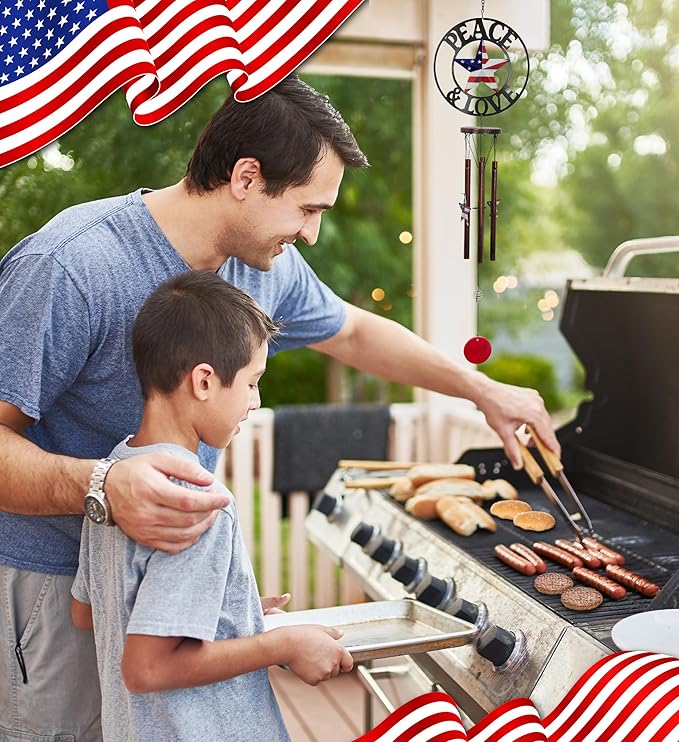 CoTa Global Peace and Love USA Flag Wind Chime - Handmade Metal Hanging Decor, Patriotic Garden Ornament with Copper-Tone Wind Chime Tubes, Indoor Outdoor Porch Patio Yard Decoration - 33 Inches