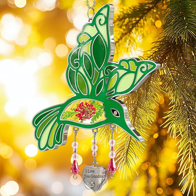 KY&BOSAM I Love You Grandma Hummingbird Suncatcher Glass Sun Catcher for Windows Hanging Ornament Wind Chime Pressed Real Flower with Heart Charm Birthday Gifts for Grandma Mothers Day Christmas Decor