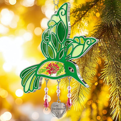 KY&BOSAM I Love You Grandma Hummingbird Suncatcher Glass Sun Catcher for Windows Hanging Ornament Wind Chime Pressed Real Flower with Heart Charm Birthday Gifts for Grandma Mothers Day Christmas Decor