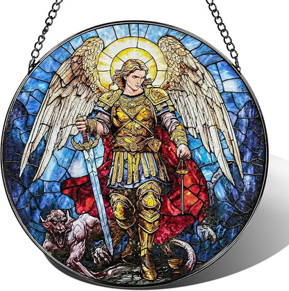 Stained Glass Suncatcher, Archangel Michael Sun Catcher Ornament; Stained Glass Window Hanging, Spiritual Protection Decor, Christmas Ornament; Christian Gifts, Religious Gifts