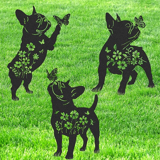 French Bulldog Gifts Decor - 3 Pcs Metal Garden Stakes Outdoor Animal Statue Decorations Patio Lawn Pathway Yard Art Ornaments Butterfly Flower Silhouette Christmas Birthday for Dog Lover