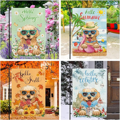 Golden Retriever Seasonal Garden Flags Set of 12, Welcome Seasonal Garden Flags 12x18 Double Sided, Dogs Yard Flags for All Holidays, Fall Winter Halloween Christmas Flag for Outdoor Farmhouse Decor