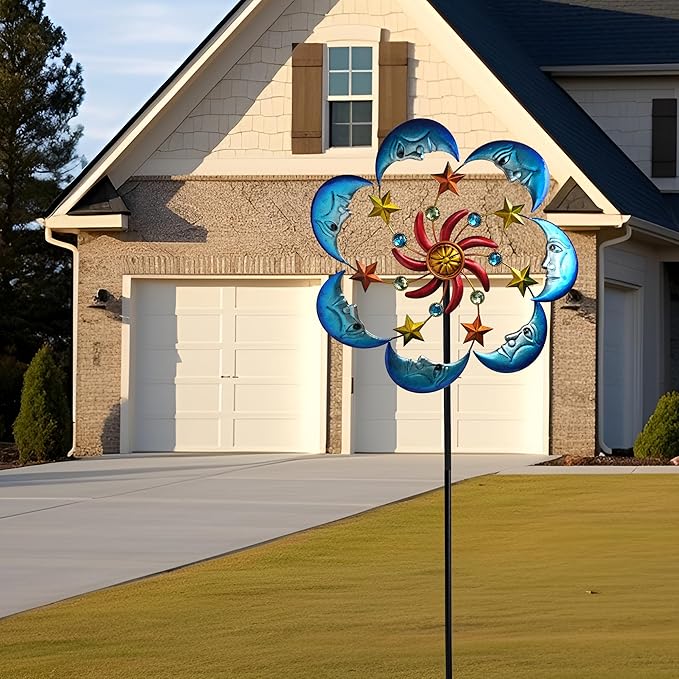 Moon Sun 58-Inch Metal Wind Spinner with Stake for Garden, Yard, Lawn and Patio Decor