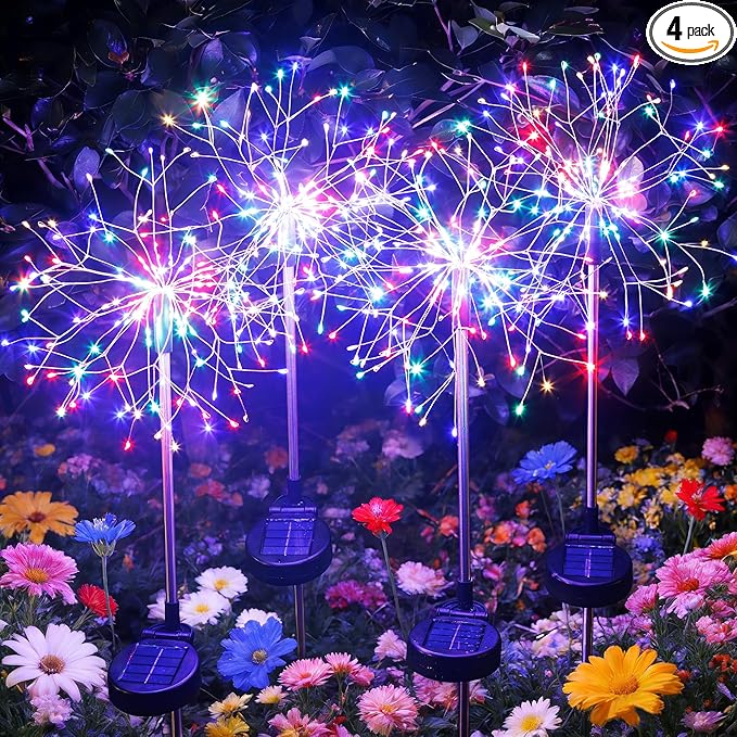 Solar Garden Lights Outdoor Yard Decorations, 4 Pack 150Leds Pathway Light, Fairy Firework Stake Lights for Garden, Patio, Pathway, Flowerbed Multicolor