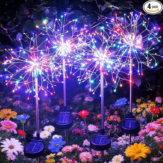 Solar Garden Lights Outdoor Yard Decorations, 4 Pack 150Leds Pathway Light, Fairy Firework Stake Lights for Garden, Patio, Pathway, Flowerbed Multicolor