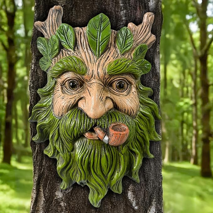 Teaeeno Whimsical Tree Face Garden Decoration, 11.8 in Tree Faces Decor Outdoor Wallmounted Statue Art with Leaf Features, Outdoor Decor Garden Accessory (Nature and Outdoors)