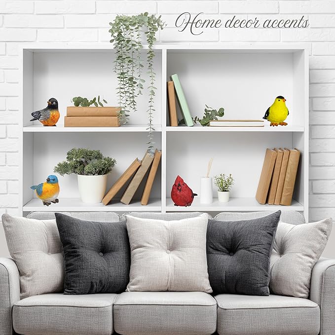 Songbird Garden Figurines Set of 4 – Cardinal, Bluebird, Goldfinch & Robin – Decorative Bird Statues for Home Décor, Spring Decorations, Crafting, Shelf Table Display – 3.75" W x 3" H