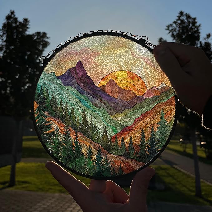 Mountain Range Stained Glass Window Ornaments, Painted Suncatchers, Patio Decor, Outdoor Garden Decor, Balcony Decor, Home Decor, Glass Art, 7.8 inch