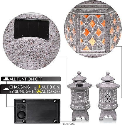 TERESA'S COLLECTIONS Pagoda Garden Statues with Solar Outdoor Light, Resin Zen Garden Lantern Asian Decor Outdoor Statues Lawn Ornaments Patio Porch Yard Decor Gifts for Dad 8.3'' (Stone Finish)