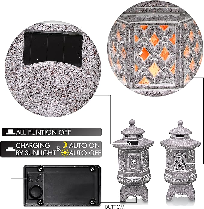 TERESA'S COLLECTIONS Pagoda Garden Statues with Solar Outdoor Light, Resin Zen Garden Lantern Asian Decor Outdoor Statues Lawn Ornaments Patio Porch Yard Decor Gifts for Dad 10.4"