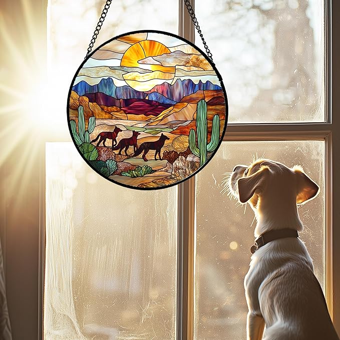 CHATYOUNG Stained Glass Window Hanging Sunset Desert Landscape Wolf Large 11.8" - Suncatcher Door Garden Sunroom Sun Catcher Home Decor Birthday Father's Day Christmas for Mom Woman Nana Men Friend