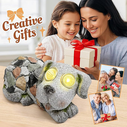 Outdoor Garden Decor Solar Dog Statue & Sculpture, Cute Dog Garden Statue, Solar Yard Decorations for Lawn Patio Front, Stone Resin Figurine ldeal Gift for Mom