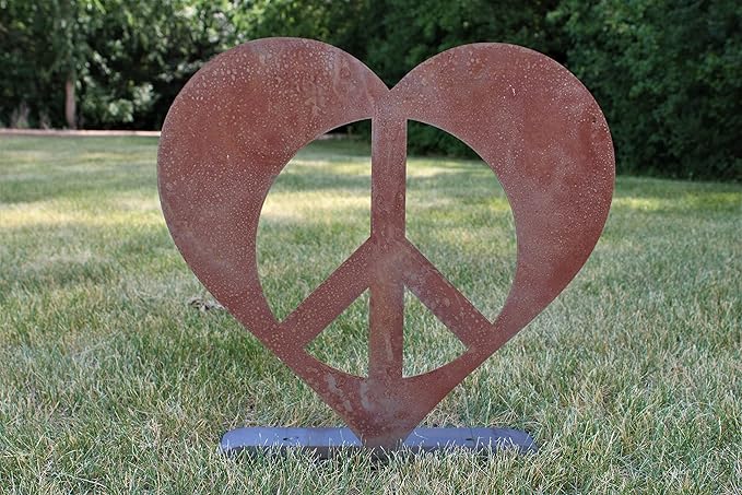 Peace and Heart Staked Signs or Wall Art Rustic or Powder Coated Finishes (Peace Heart XL on Flat Base 24", Naturally Rusted)