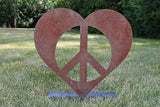 Peace and Heart Staked Signs or Wall Art Rustic or Powder Coated Finishes (Peace Heart XL on Flat Base 24", Naturally Rusted)
