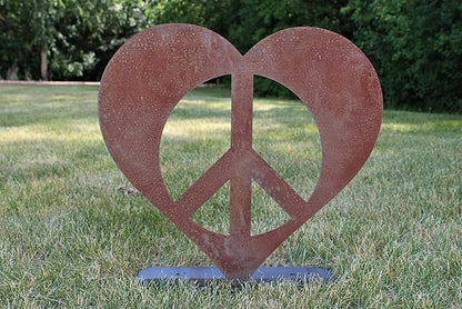 Peace and Heart Staked Signs or Wall Art Rustic or Powder Coated Finishes (Peace Heart XL on Flat Base 24", Naturally Rusted)
