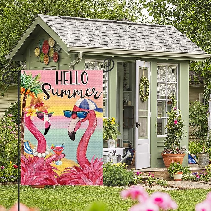 AVOIN colorlife Flamingo Hello Summer Garden Flag 12x18 Inch Double Sided, Welcome Seasonal Holiday Burlap Yard Outdoor Decoration